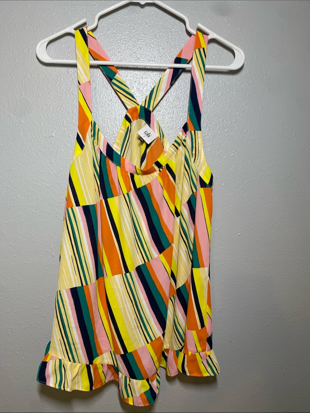 CAbi Multicolor Striped Ruffle Hem Tank Top - Yellow, Pink, Orange, Green, Blue